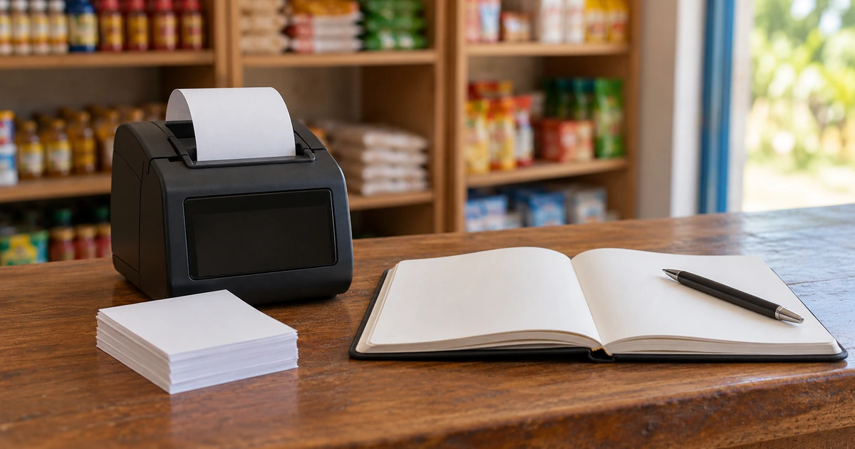 Unbranded billing device and blank ledger on a Rwandan shop counter