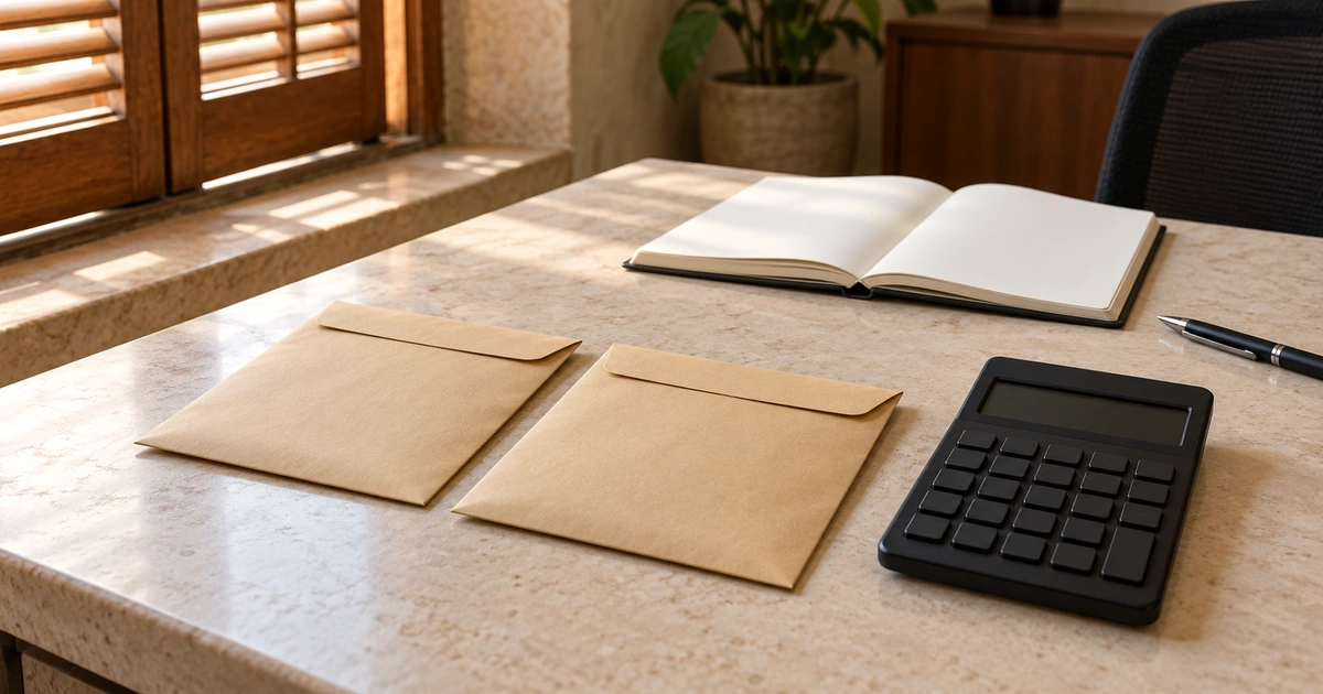 Blank salary envelopes and calculator on an Egyptian office desk