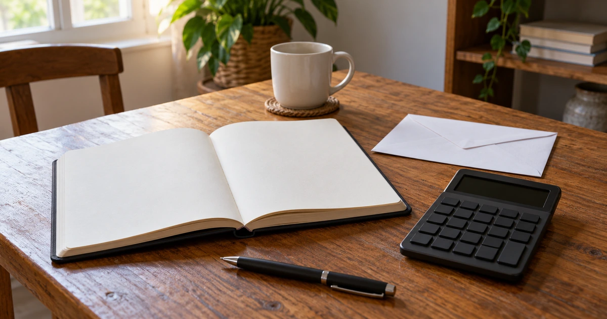 Blank budget notebook, envelope and calculator on a Ghanaian home desk