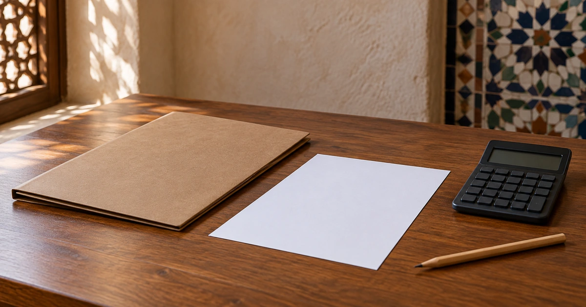 Blank salary sheet, folder and calculator on a Moroccan office desk