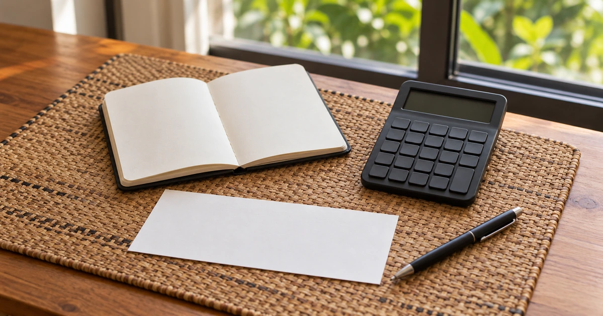 Blank payslip, pocket notebook and calculator at a Rwandan home desk