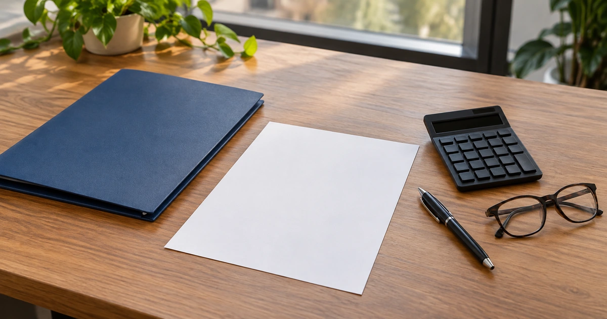 Blank payslip and benefits folder with calculator on a South African office desk