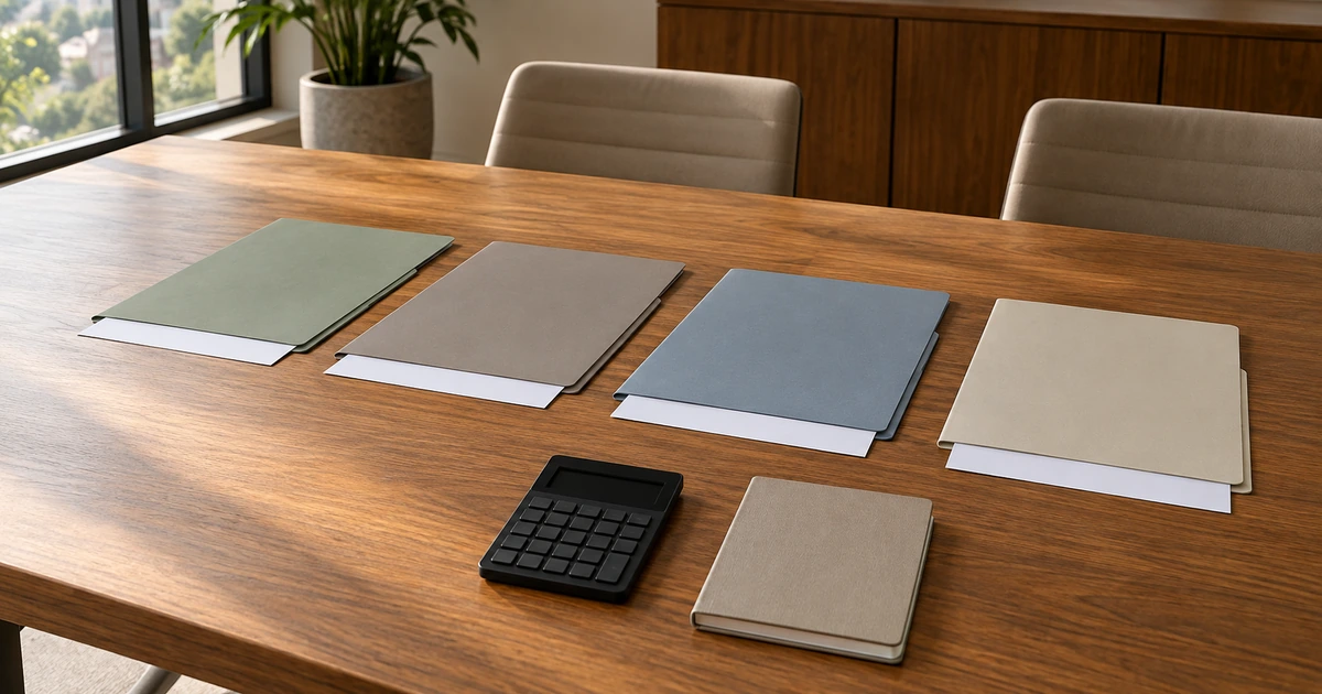 Four blank offer folders arranged for comparison on an office table