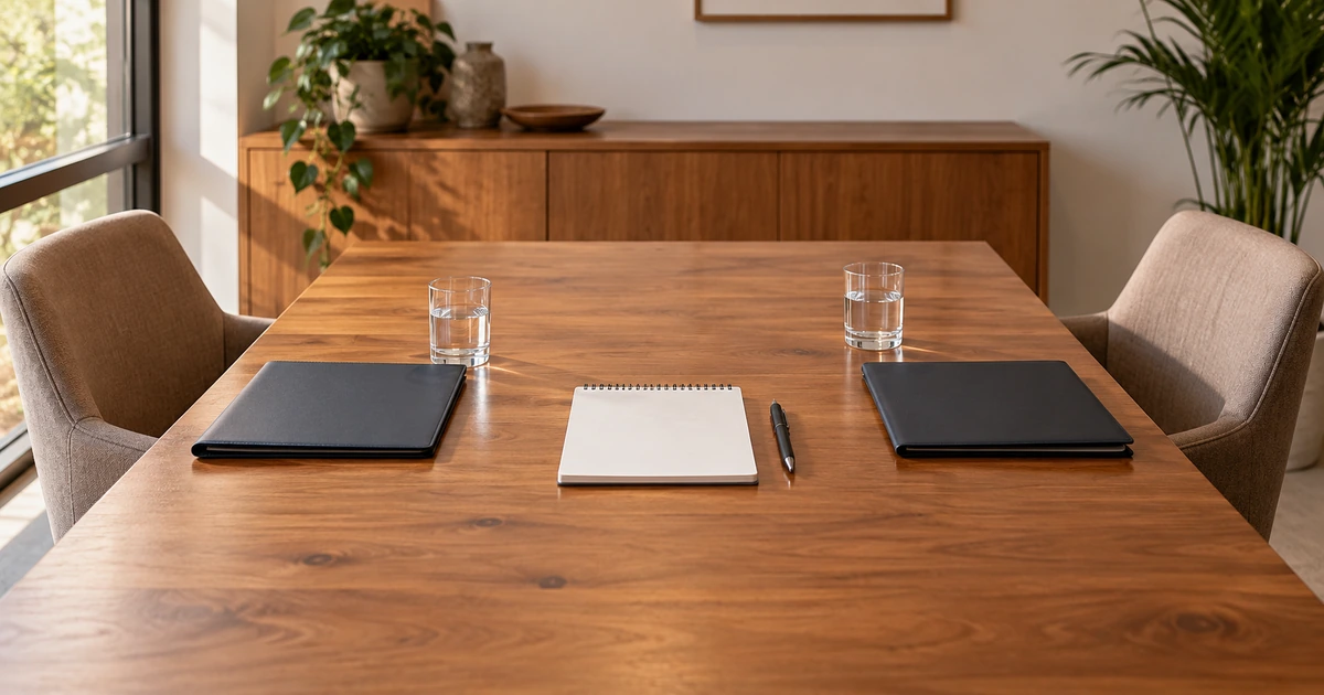 Two empty chairs facing blank offer folders across a calm meeting table