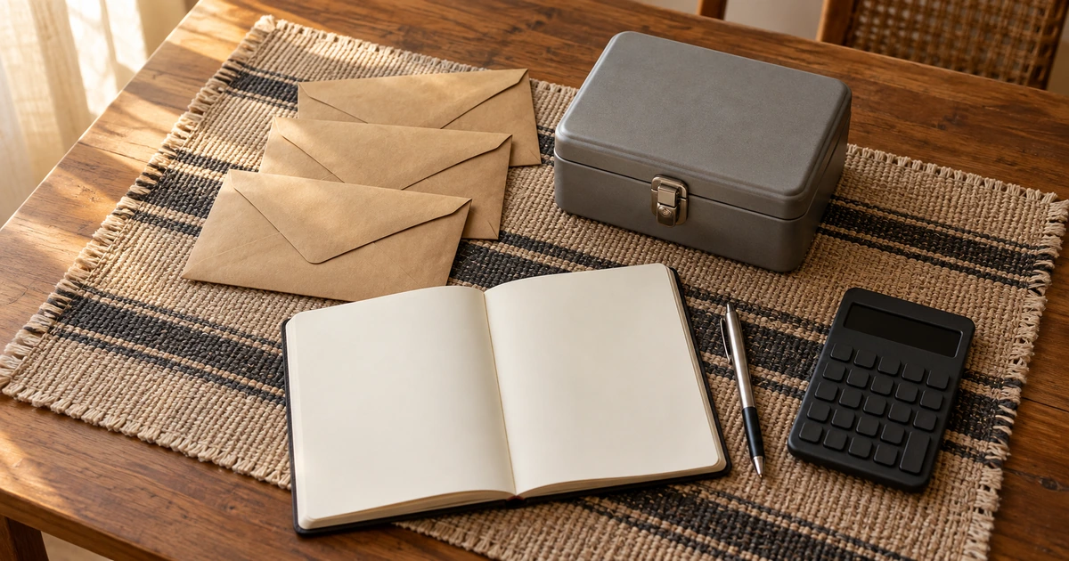 Plain savings envelopes, small lockbox and blank notebook on a home table
