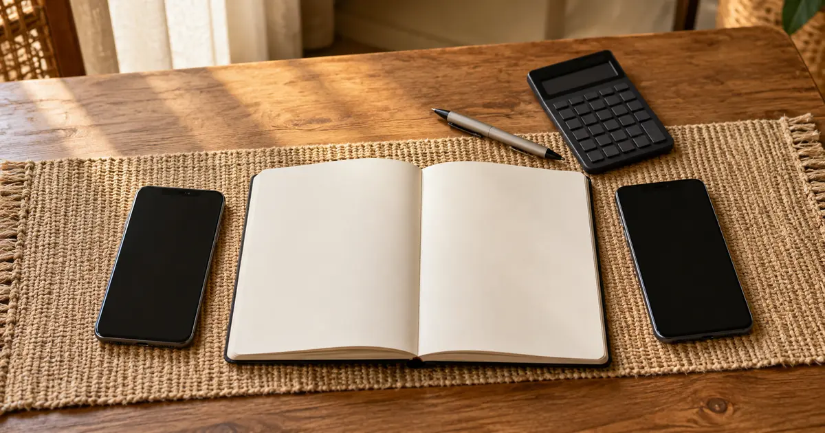 Two unbranded phones and blank comparison notebook on a remittance planning desk