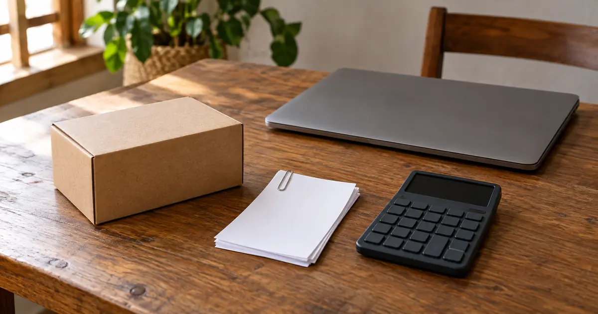 Unbranded parcel, blank receipt slips and calculator at a small seller workspace