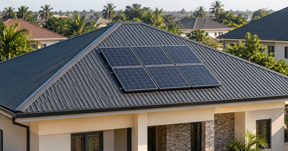 Unbranded solar panels on a modest Nigerian home roof in daylight