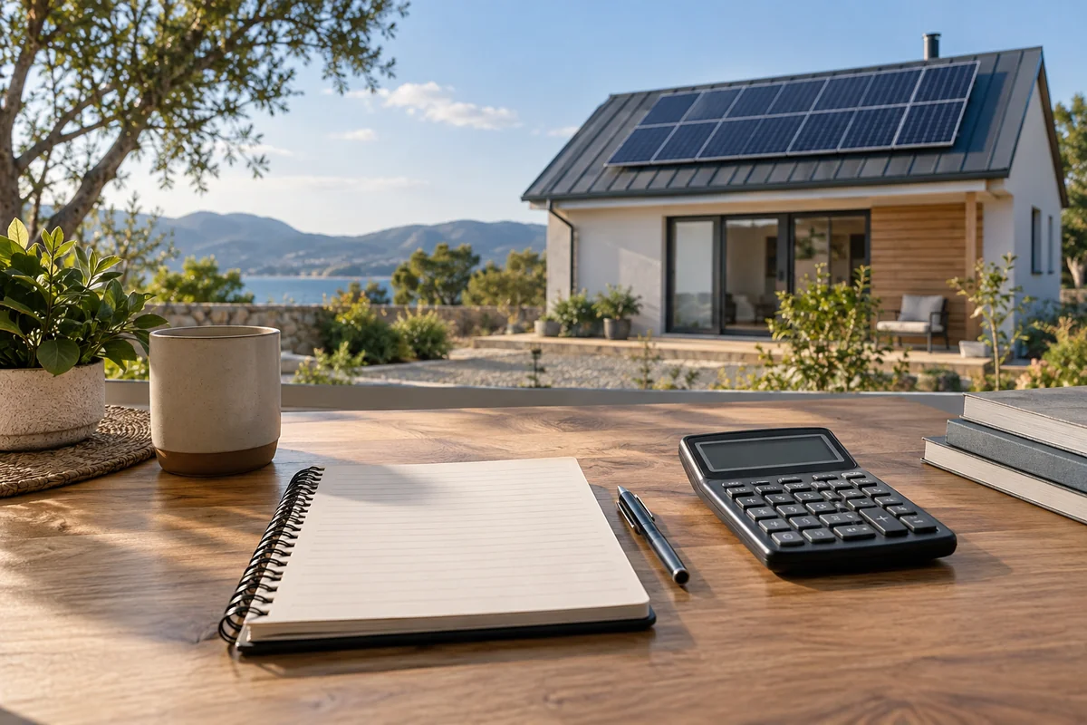 A rooftop solar installation with a planning notebook