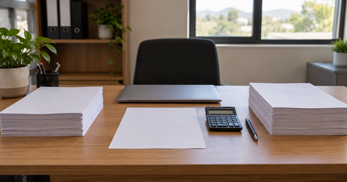 Blank payroll records arranged for a reconciliation check beside a calculator