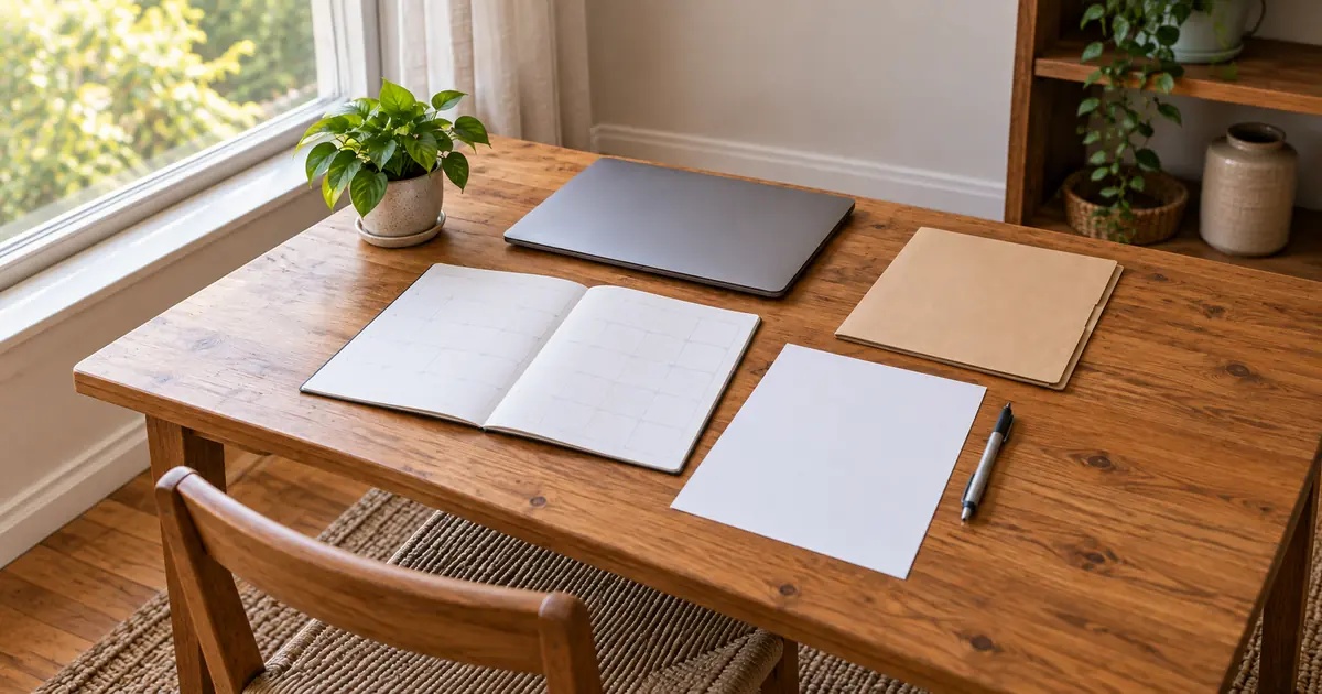 Blank calendar and document folder on a South African home filing desk
