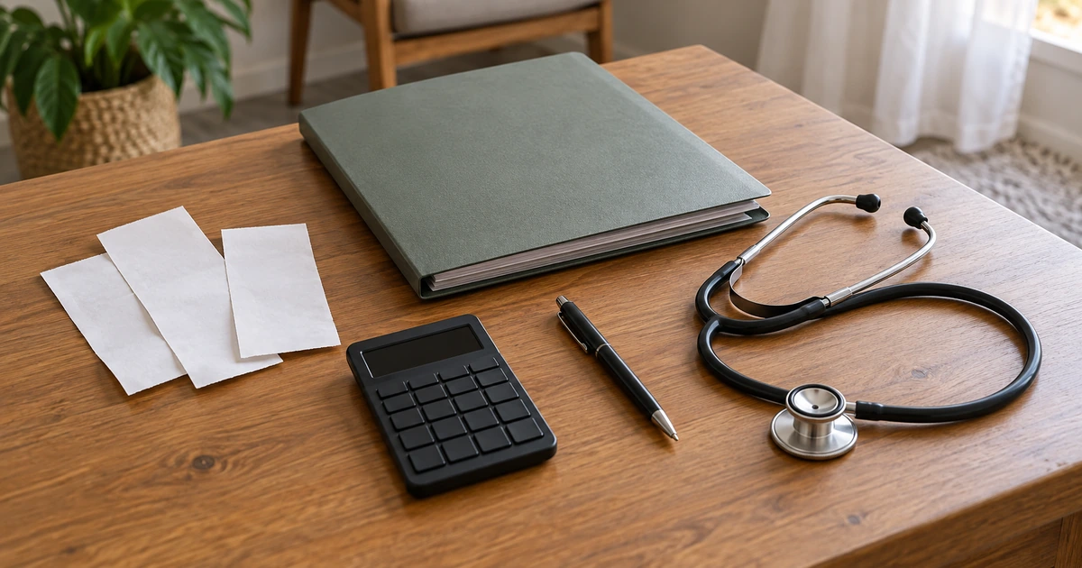 Blank medical expense receipts and folder arranged for a tax records check
