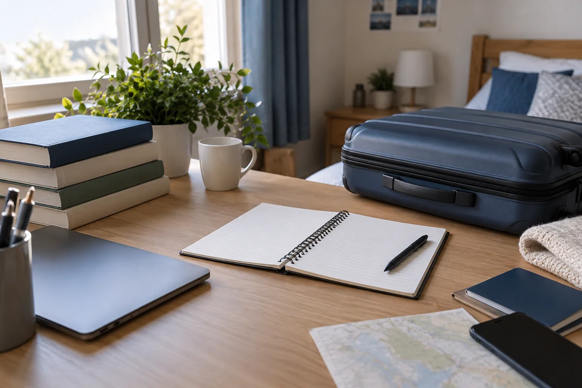 A study desk with books, travel luggage and a budget notebook