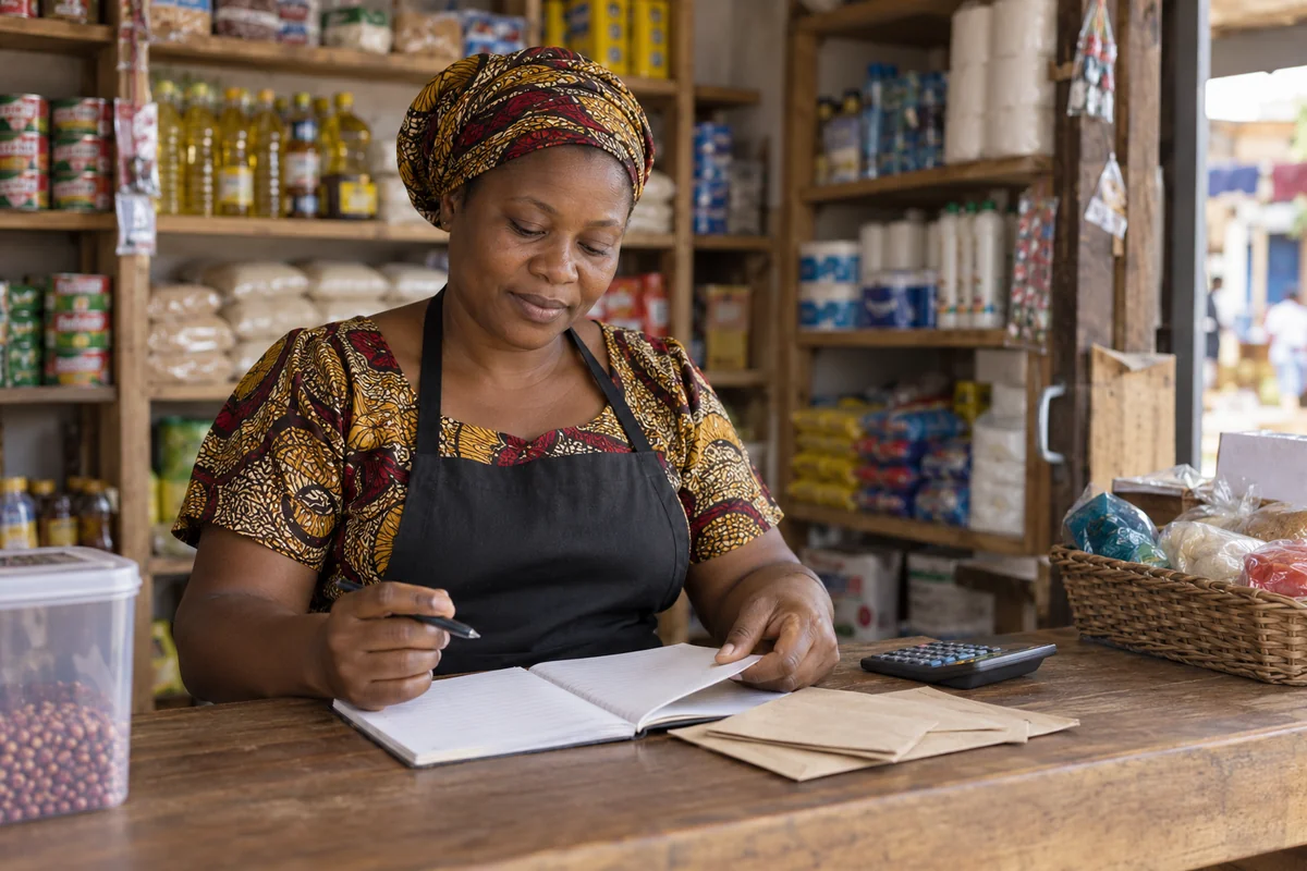 A market trader reviewing a savings notebook beside envelopes and a calculator