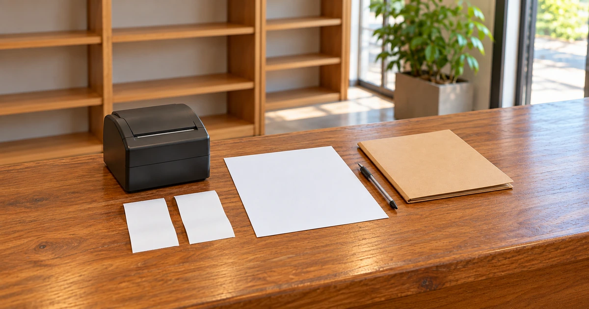 Blank receipt slips and sales records beside a compact till on a Tanzanian shop counter