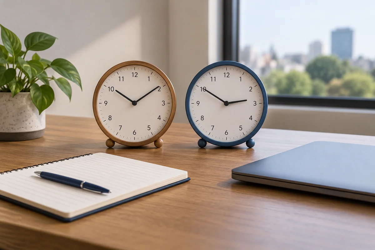 Desk clocks and notes for coordinating meeting times