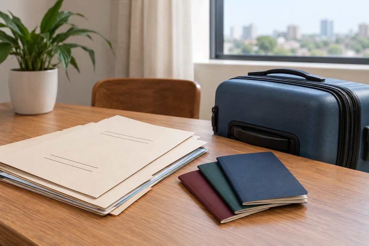 Travel-document preparation with plain folders and a suitcase