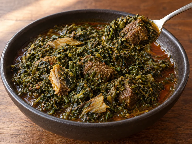 Afang leafy soup with meat and fish pieces; recipe illustration