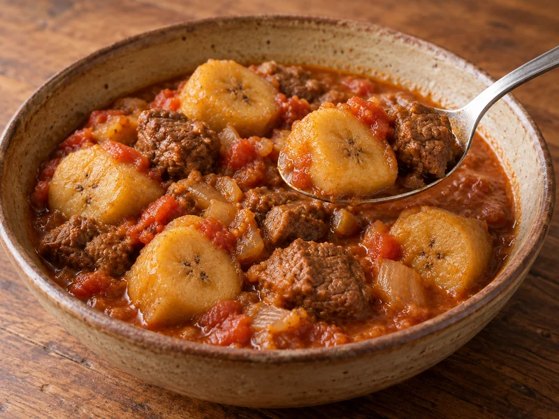 Agatogo plantain and meat stew in tomato sauce; recipe illustration