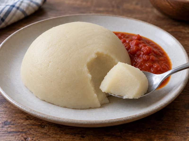 A smooth mound of akoume with red sauce alongside; recipe illustration
