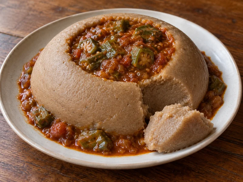 A mound of brown asida with stew in the centre; recipe illustration