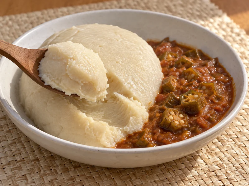 A pale mound of asida served with stew; recipe illustration