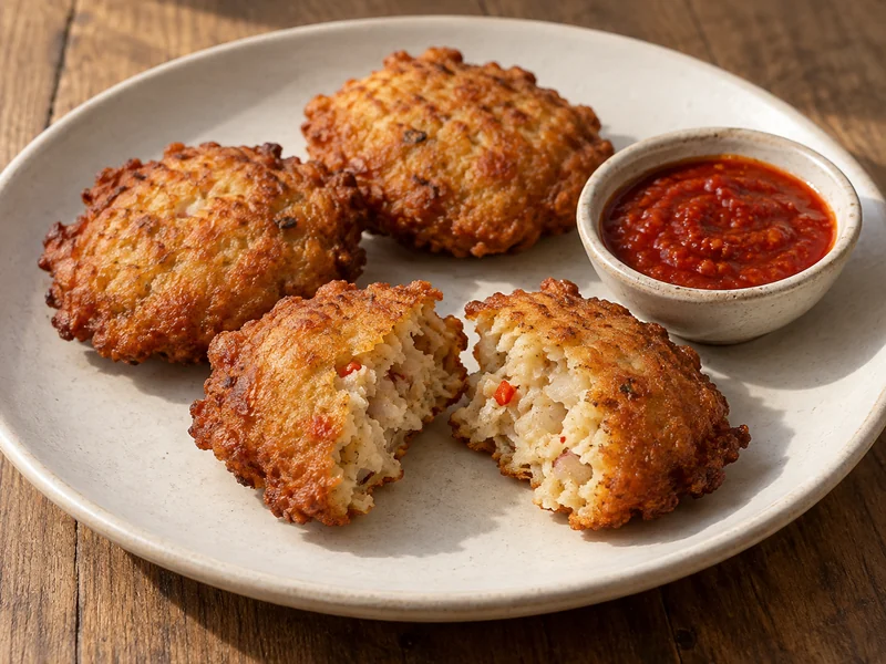 Golden badjia fritters with one cut open and a small bowl of sauce; recipe illustration