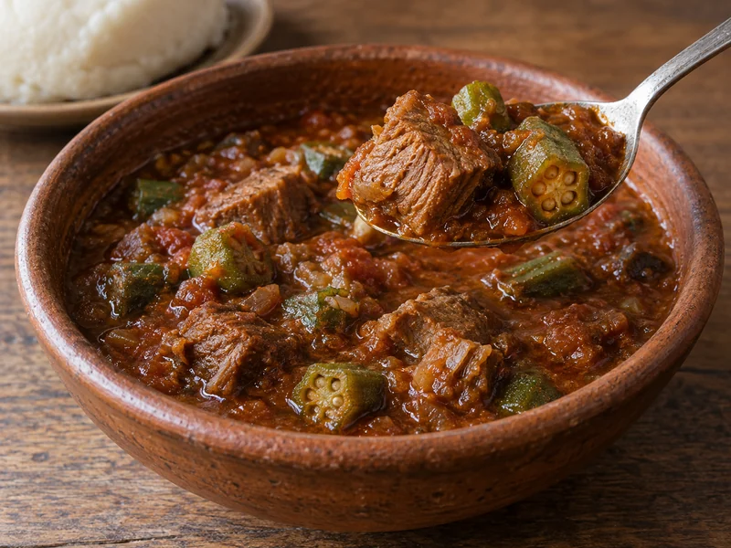 Okra and meat stew in a tomato sauce; recipe illustration