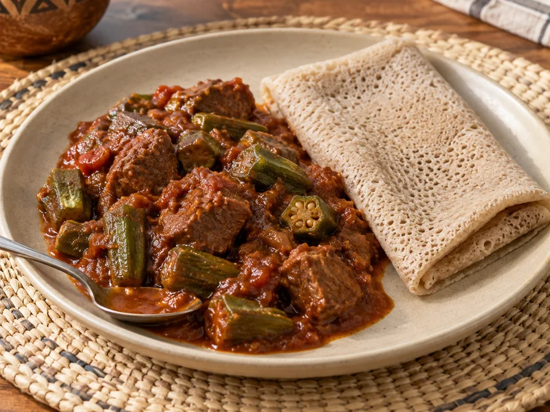 Okra and meat stew served alongside a folded flatbread; recipe illustration