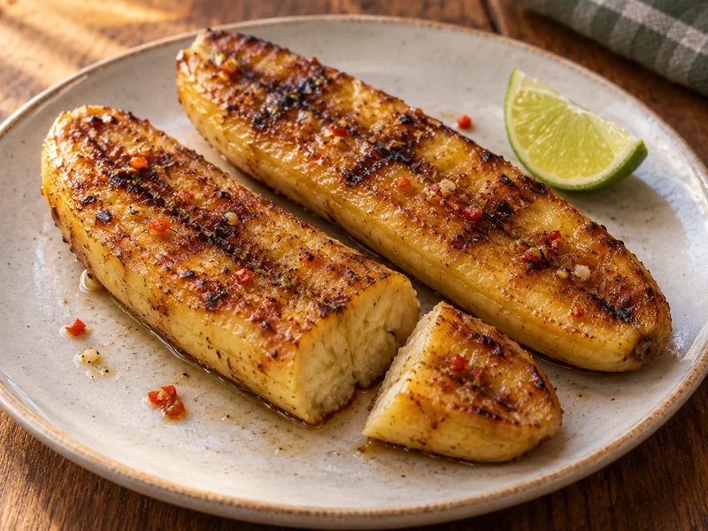 Grilled banana halves with caramelized surfaces; recipe illustration