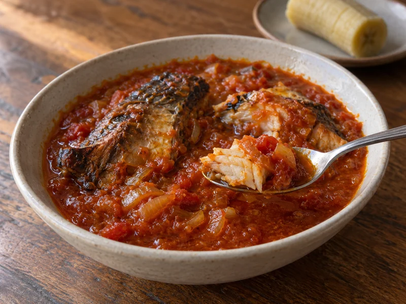 Fish pieces in a red tomato and onion stew; recipe illustration