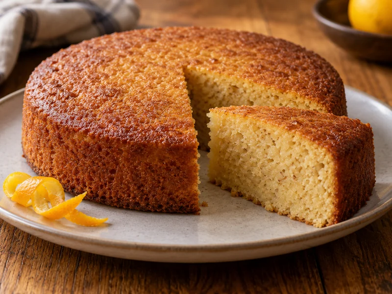 A round golden Bolo Polana cake with a slice removed; recipe illustration