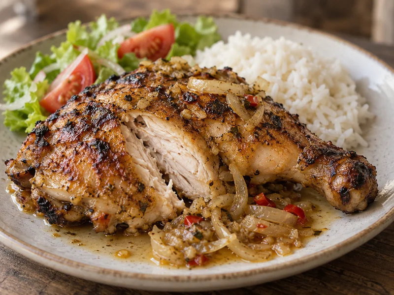 Cafriela chicken with onions, rice and salad; recipe illustration