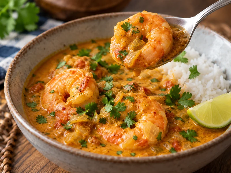 Prawn curry in a golden sauce with rice and lime; recipe illustration