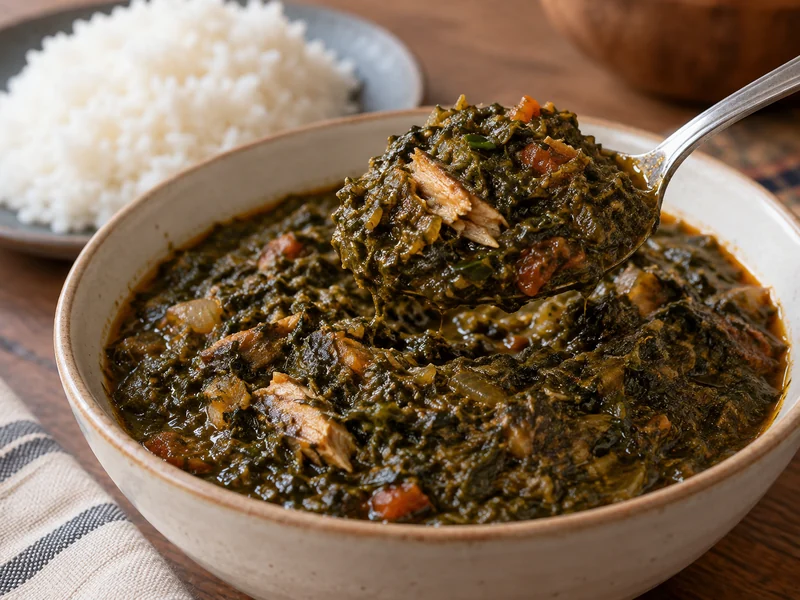 Cassava-leaf stew with fish, served alongside rice; recipe illustration