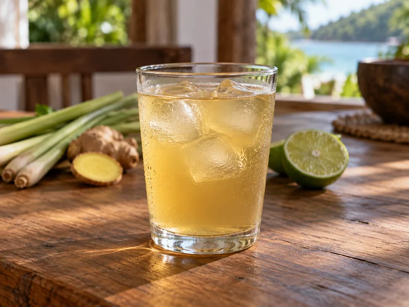 A pale golden lemongrass drink with lime and ginger nearby; recipe illustration
