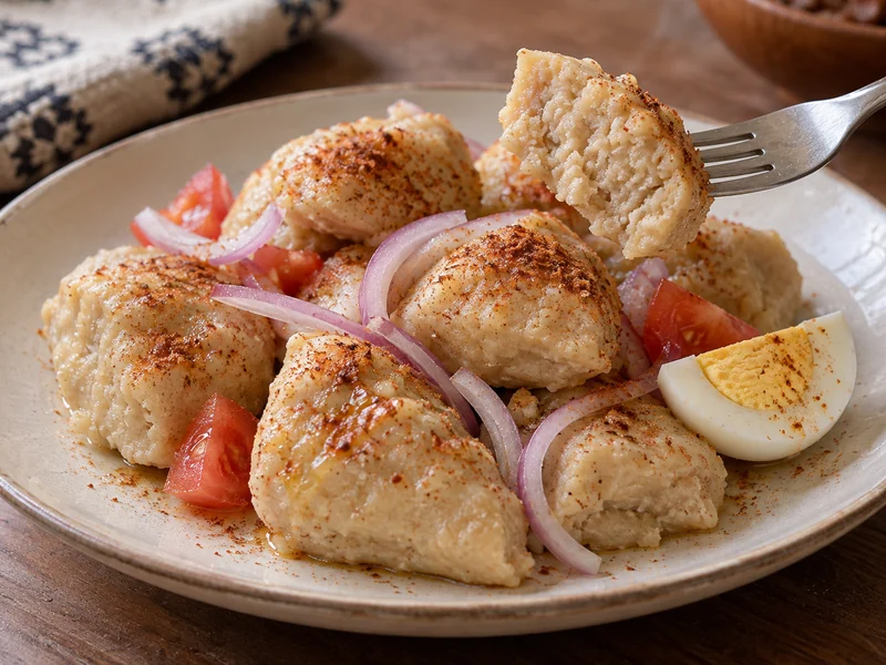 Dan wake dumplings with sliced onions, tomatoes and a boiled egg; recipe illustration