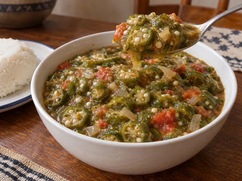 A bowl of chopped okra relish with a maize-meal accompaniment; recipe illustration