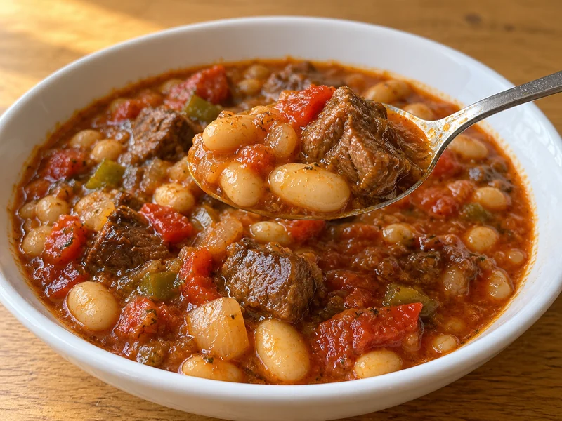 White bean and meat stew with tomato and onions; recipe illustration