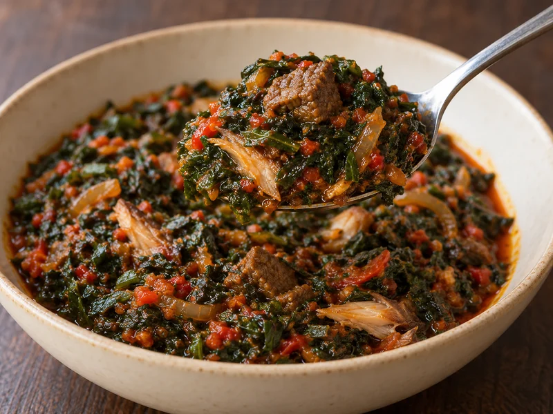 Efo riro leafy vegetable stew with meat pieces; recipe illustration