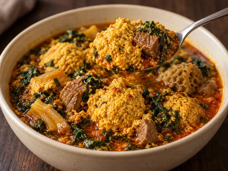 Egusi soup with melon-seed curds, greens and meat; recipe illustration