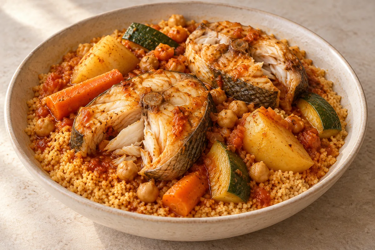 Fish steaks over couscous with carrots, potatoes, zucchini and chickpeas in red broth; AI-generated recipe illustration