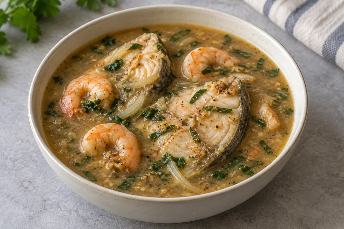 Fish steaks and prawns in lightly thickened seafood broth with onion and sliced herbs; AI-generated recipe illustration