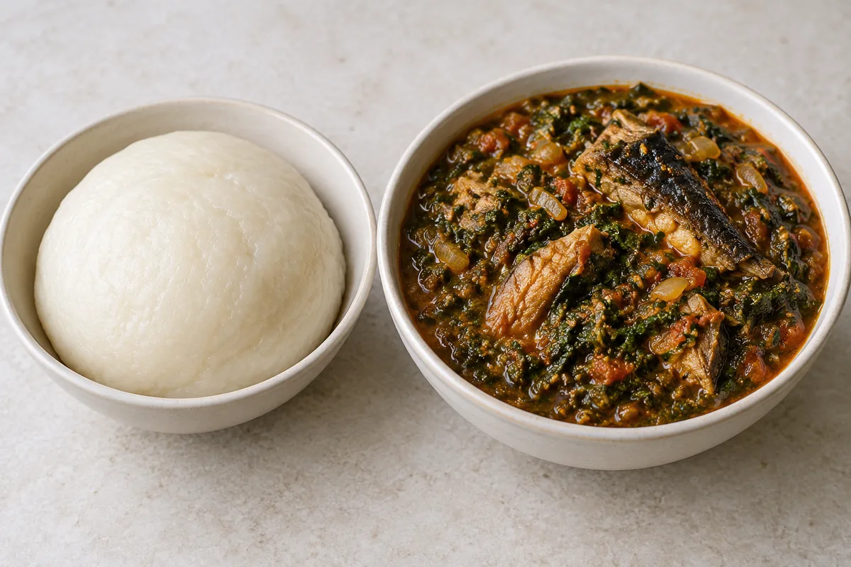 Smooth yam fufu beside leafy gboma stew with smoked fish; AI-generated recipe illustration