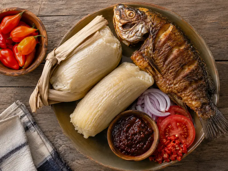 Ga Kenkey with Fried Fish recipe from Ghana