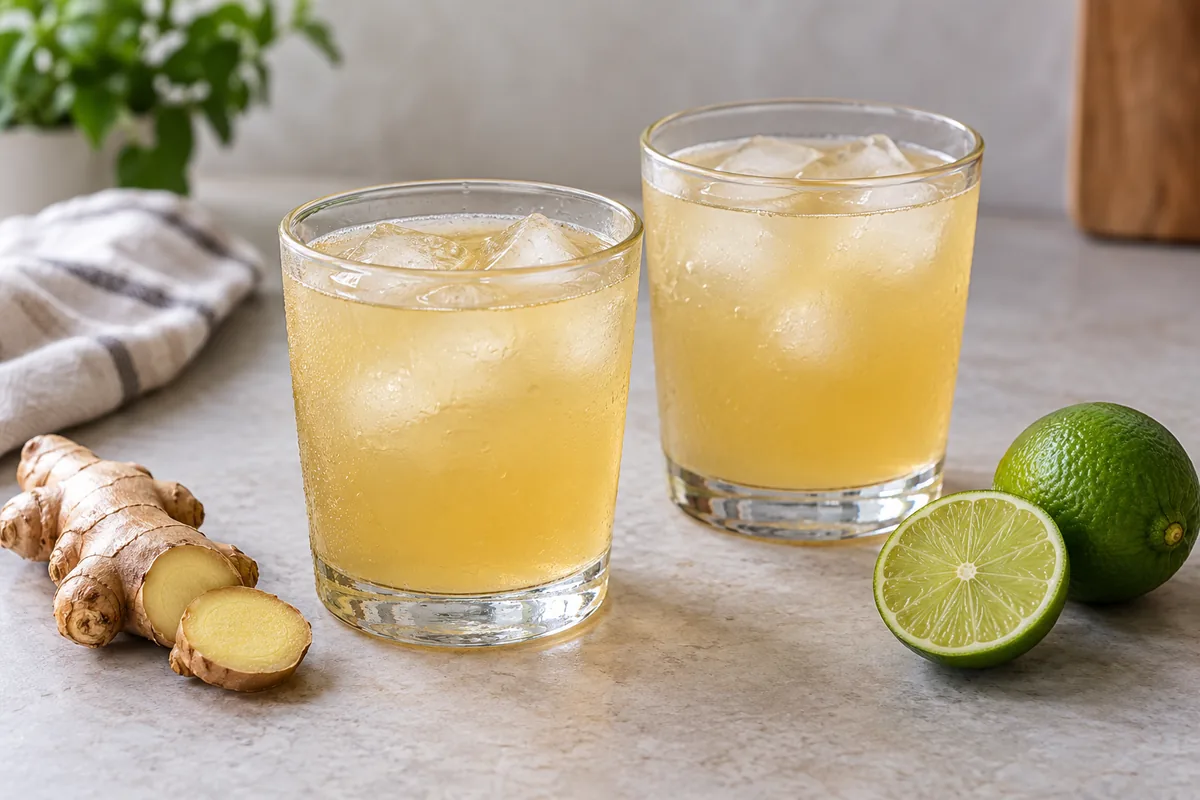 Pale golden ginger drink over ice, with fresh ginger and lime; AI-generated recipe illustration
