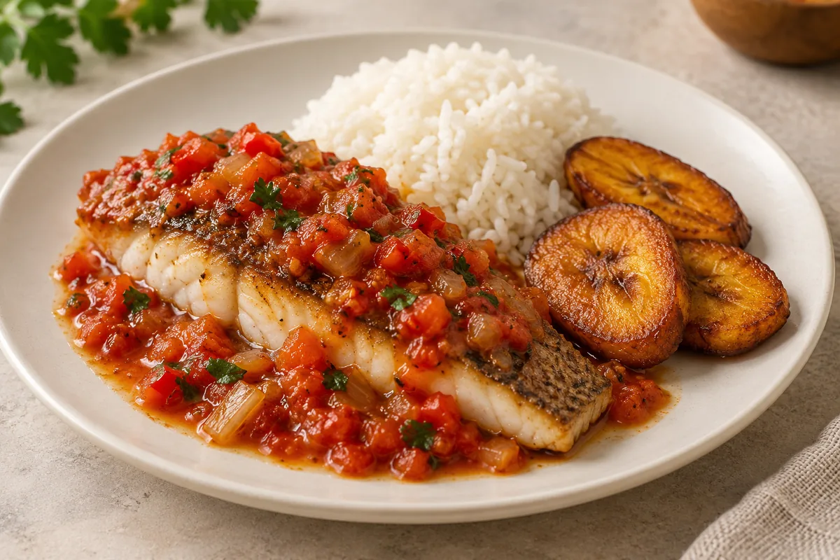 Grilled fish fillet with chunky tomato Creole sauce, rice and fried plantain; AI-generated recipe illustration