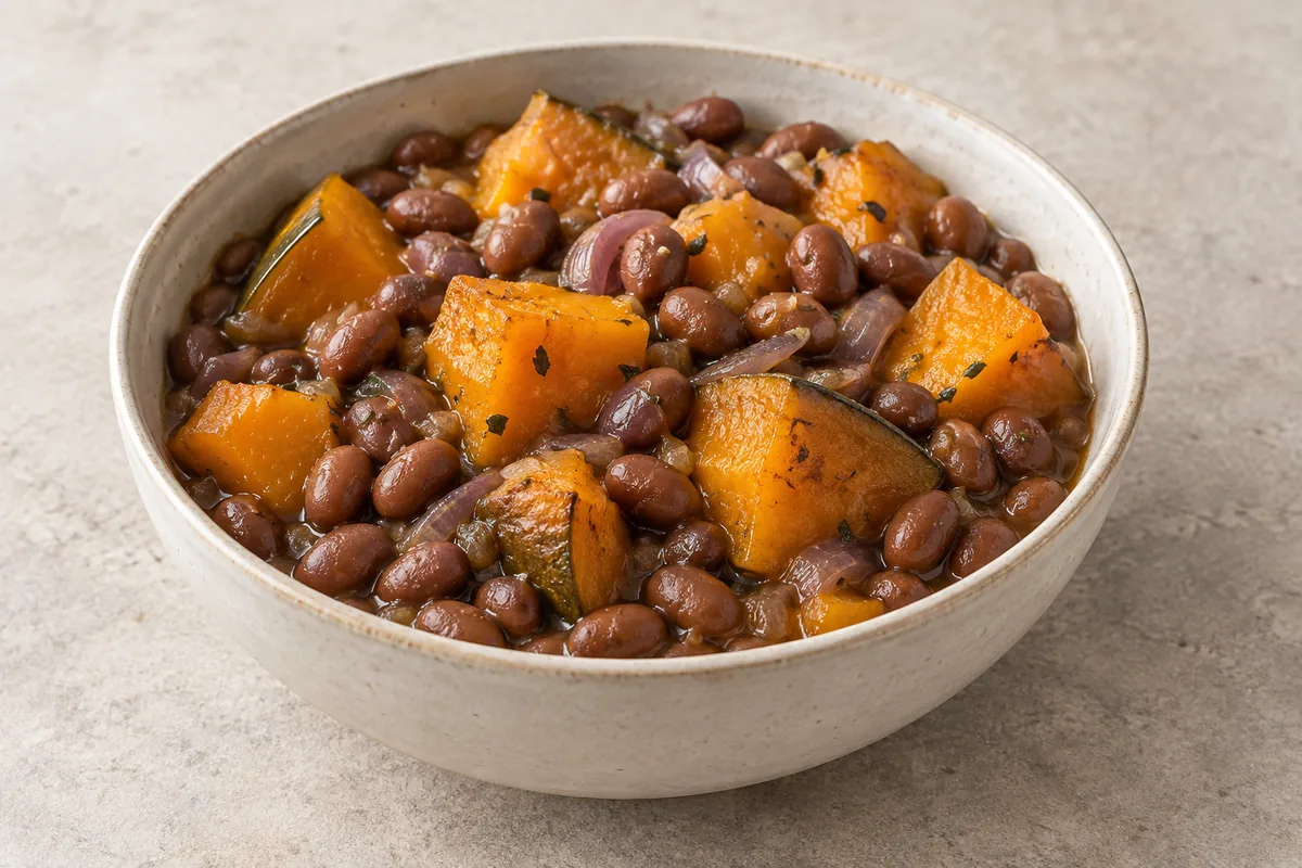 AI-generated serving illustration of chunky pumpkin, cooked beans and onion in a bowl.