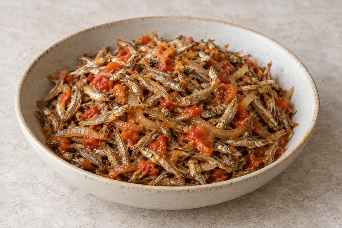 AI illustration of small whole kapenta fish with tomato and onion in a shallow bowl.