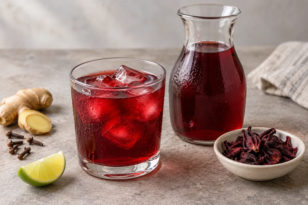 Ruby-red iced hibiscus drink with dried hibiscus, ginger, cloves and lime; AI-generated recipe illustration